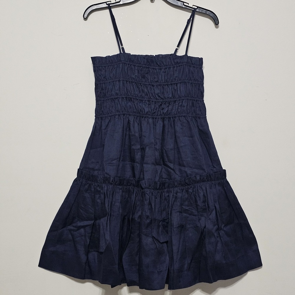 ALovesA Dress Large Blue 12/14 Indigo Smocked Strap Adjustable Sleeveless 486226
